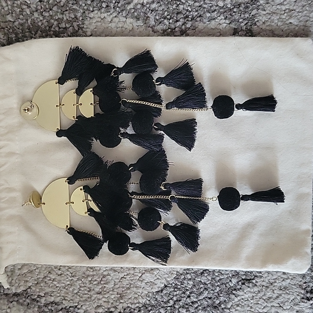 Black and gold fringe/pom pom earrings
